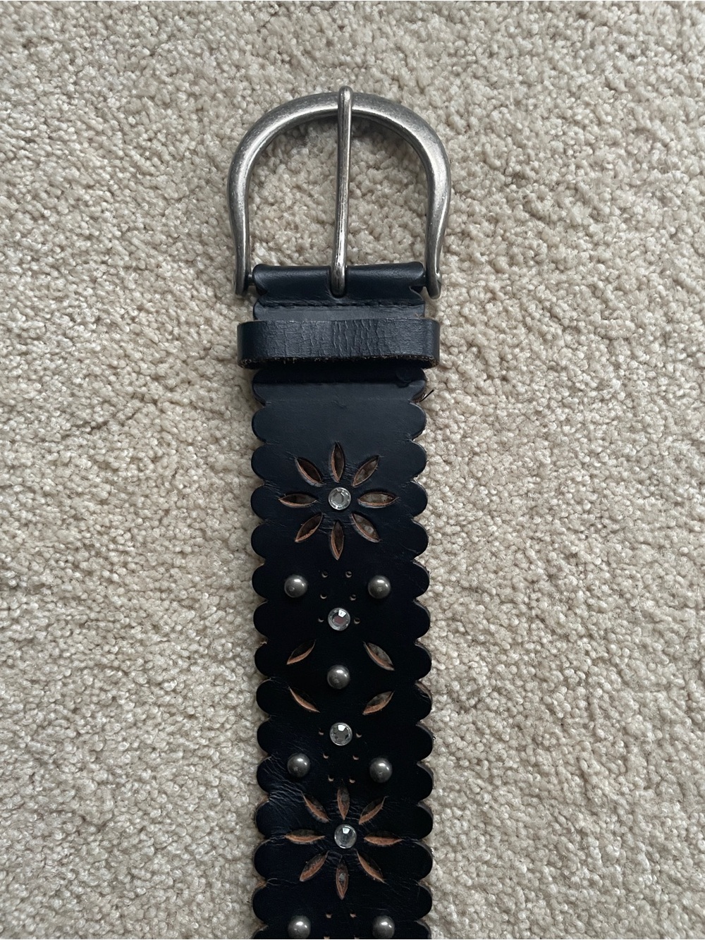 Express Black Floral Cutout Leather Belt with Studs